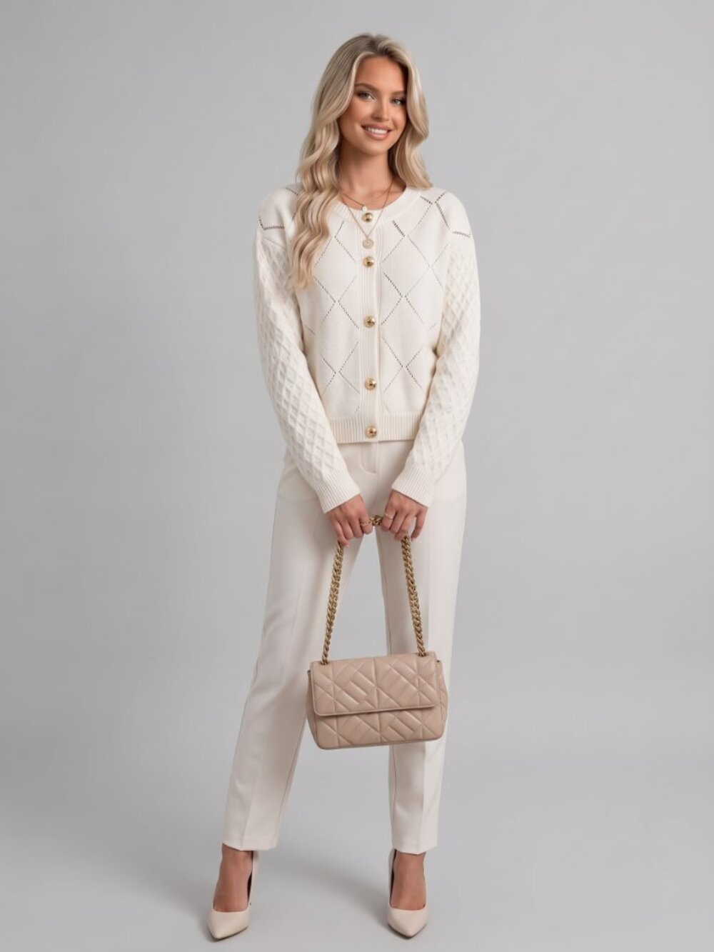 Women's White Wool Cable Knit Cardigan Gold Button Hollow Out Sweater Top - Picture 3 of 8